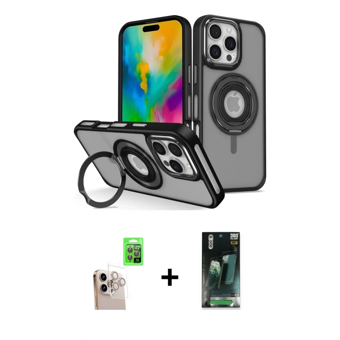 MARSİLYAN™- iPhone 16 Pro Max Kılıf Nova Minimal Serisi - Siyah 360 Mat Full Body Arka Koruyucu + Raze Metal Kamera Lens - NLGY