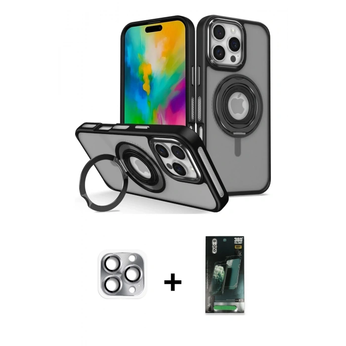 MARSİLYAN™- iPhone 16 Pro Max Kılıf Nova Minimal Serisi - Siyah 360 Mat Full Body Arka Koruyucu + Pers Alüminyum Kamera Lens - GI