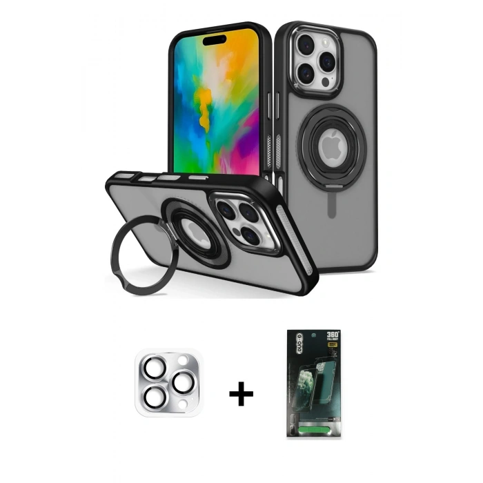 MARSİLYAN™- iPhone 16 Pro Max Kılıf Nova Minimal Serisi - Siyah 360 Mat Full Body Arka Koruyucu + Pers Alüminyum Kamera Lens - GS