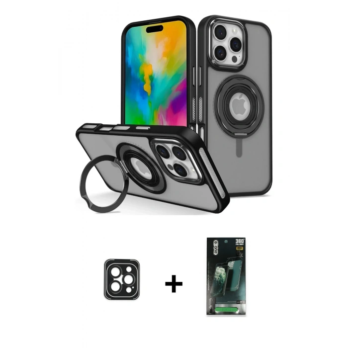 MARSİLYAN™- iPhone 16 Pro Max Kılıf Nova Minimal Serisi - Siyah 360 Mat Full Body Arka Koruyucu + PVD Metal Kamera Lens - SH