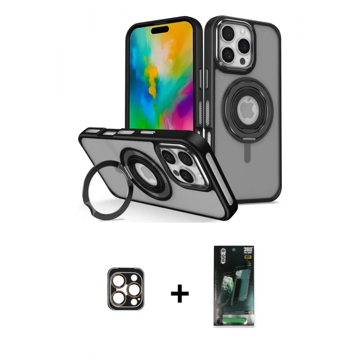 MARSİLYAN™- iPhone 16 Pro Max Kılıf Nova Minimal Serisi - Siyah 360 Mat Full Body Arka Koruyucu + PVD Metal Kamera Lens - GD