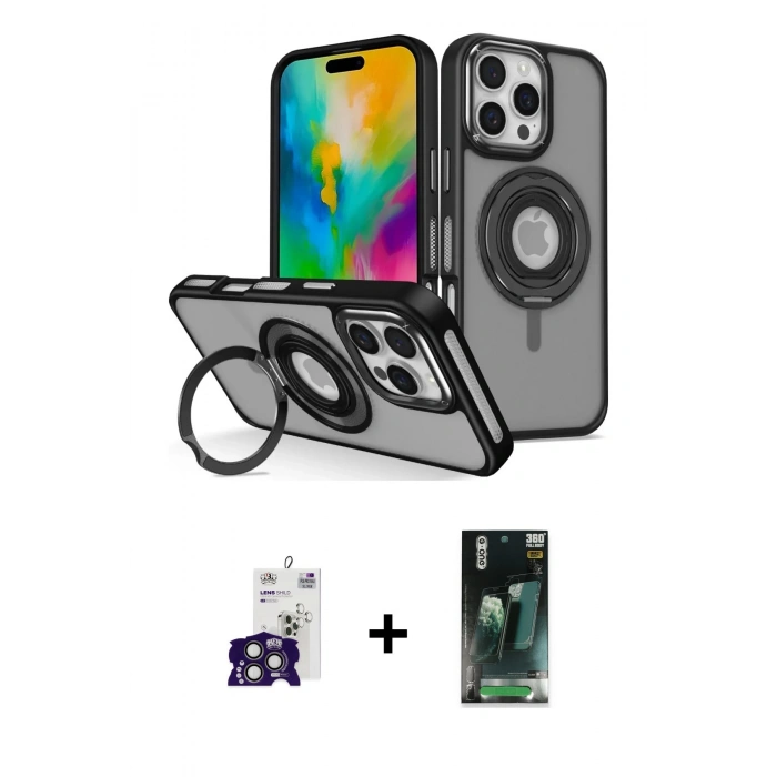 MARSİLYAN™- iPhone 16 Pro Max Kılıf Nova Minimal Serisi - Siyah 360 Mat Full Body Arka Koruyucu + Bilvis Titan Kamera Lens - TMGI