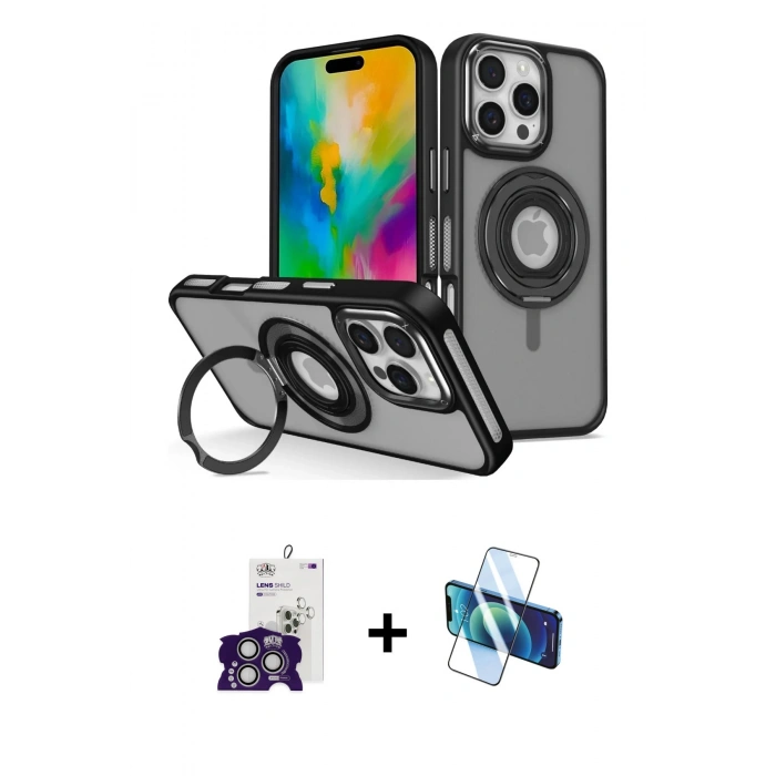 MARSİLYAN™- iPhone 16 Pro Max Kılıf Nova Minimal Serisi - Siyah 3D Antistatik Cam Ekran Koruyucu + Bilvis Titan Kamera Lens - GS