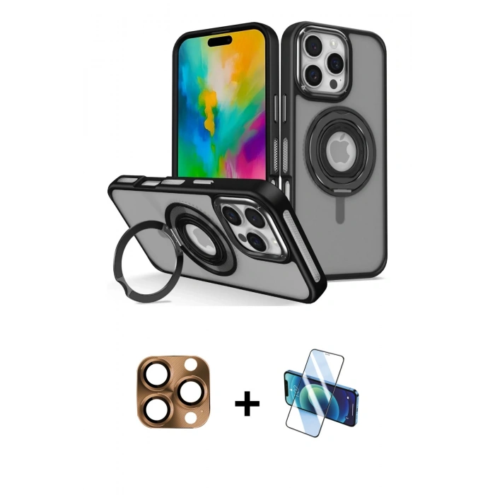 MARSİLYAN™- iPhone 16 Pro Max Kılıf Nova Minimal Serisi - Siyah 3D Antistatik Cam Ekran Koruyucu + Pers Alüminyum Kamera Lens - CLTM