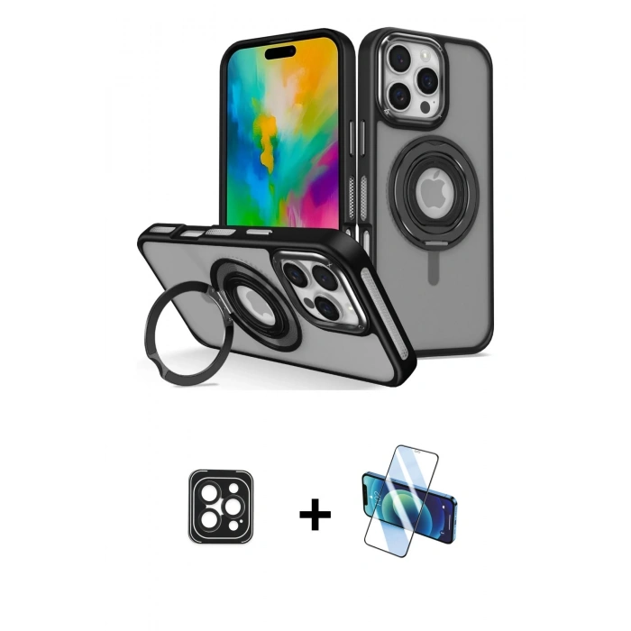 MARSİLYAN™- iPhone 16 Pro Max Kılıf Nova Minimal Serisi - Siyah 3D Antistatik Cam Ekran Koruyucu + PVD Metal Kamera Lens - SH