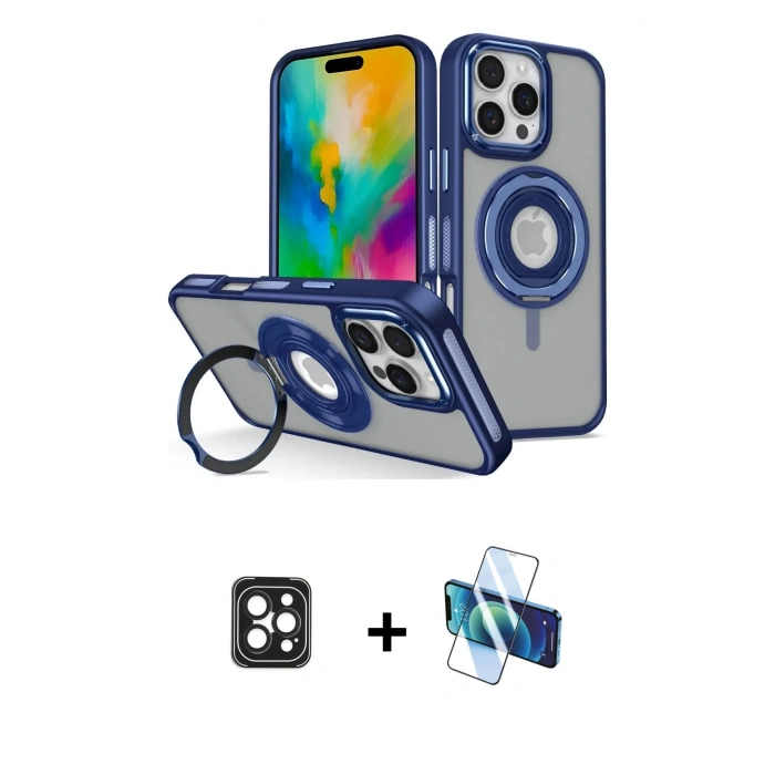 MARSİLYAN™- iPhone 16 Pro Max Kılıf Nova Minimal Serisi - Siyah 3D Antistatik Cam Ekran Koruyucu + PVD Metal Kamera Lens - SH