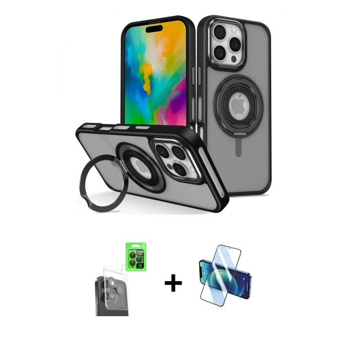 MARSİLYAN™- iPhone 16 Pro Max Kılıf Nova Minimal Serisi - Siyah 3D Antistatik Cam Ekran Koruyucu + Raze Metal Kamera Lens - SH