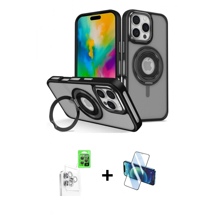 MARSİLYAN™- iPhone 16 Pro Max Kılıf Nova Minimal Serisi - Siyah 3D Antistatik Cam Ekran Koruyucu + Raze Metal Kamera Lens - BZ
