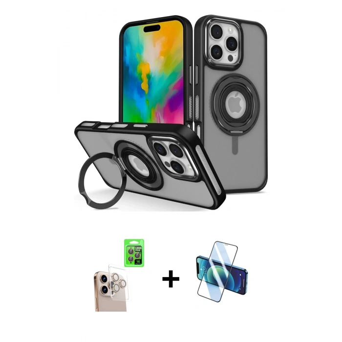 MARSİLYAN™- iPhone 16 Pro Max Kılıf Nova Minimal Serisi - Siyah 3D Antistatik Cam Ekran Koruyucu + Raze Metal Kamera Lens - NLGY