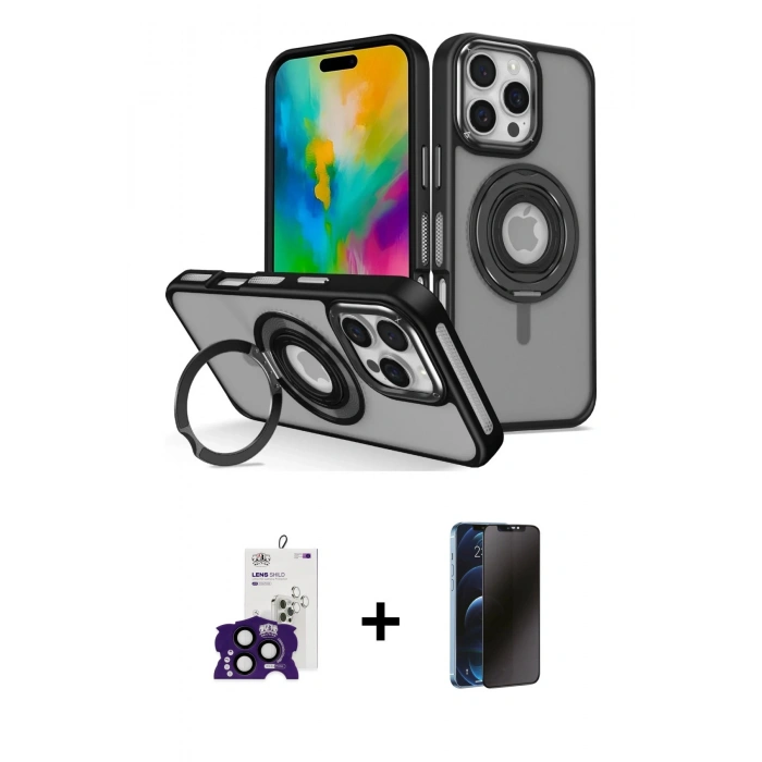 MARSİLYAN™- iPhone 16 Pro Max Kılıf Nova Minimal Serisi - Siyah 3D Antistatik Hayalet Cam Ekran Koruyucu + Bilvis Titan Kamera Lens - SH