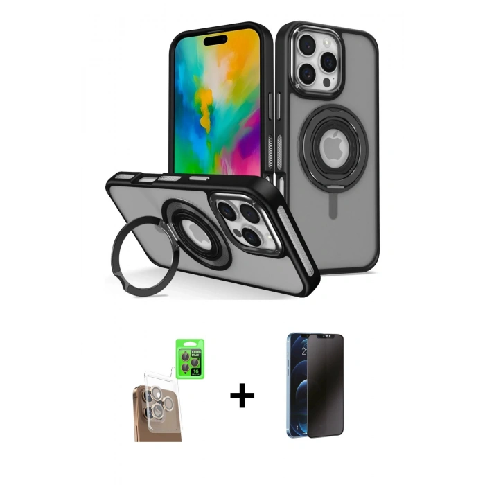 MARSİLYAN™- iPhone 16 Pro Max Kılıf Nova Minimal Serisi - Siyah 3D Antistatik Hayalet Cam Ekran Koruyucu + Raze Metal Kamera Lens - CLTM