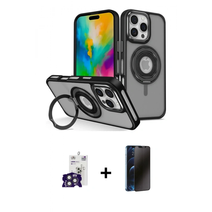 MARSİLYAN™- iPhone 16 Pro Max Kılıf Nova Minimal Serisi - Siyah 3D Antistatik Hayalet Cam Ekran Koruyucu + Bilvis Titan Kamera Lens - TMGI