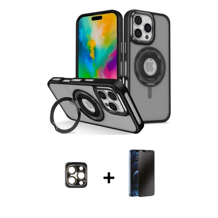MARSİLYAN™- iPhone 16 Pro Max Kılıf Nova Minimal Serisi - Siyah 3D Antistatik Hayalet Cam Ekran Koruyucu + PVD Metal Kamera Lens - GD