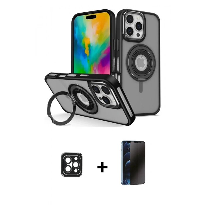 MARSİLYAN™- iPhone 16 Pro Max Kılıf Nova Minimal Serisi - Siyah 3D Antistatik Hayalet Cam Ekran Koruyucu + PVD Metal Kamera Lens - SH