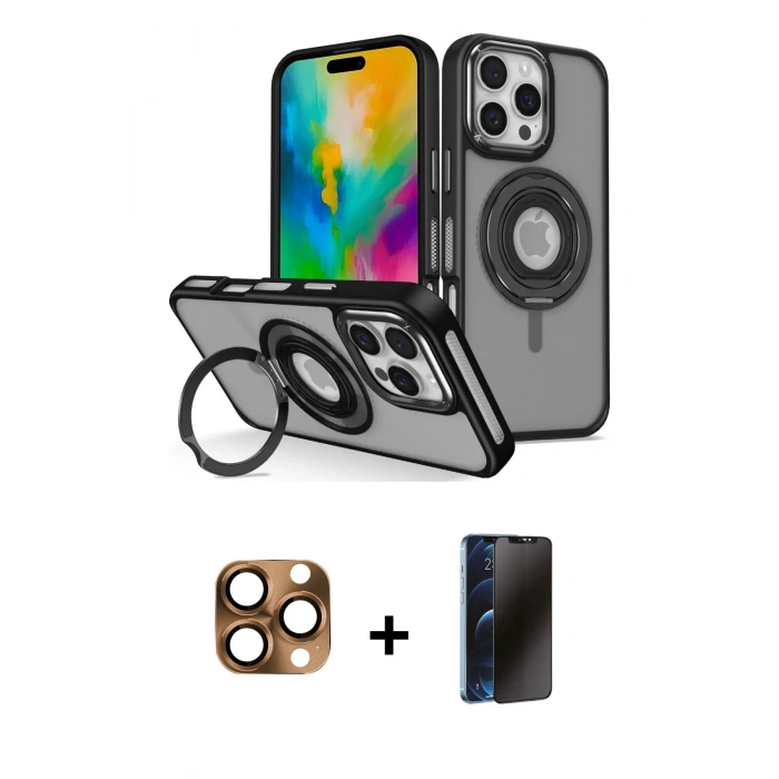 MARSİLYAN™- iPhone 16 Pro Max Kılıf Nova Minimal Serisi - Siyah 3D Antistatik Hayalet Cam Ekran Koruyucu + Pers Alüminyum Kamera Lens - CLTM