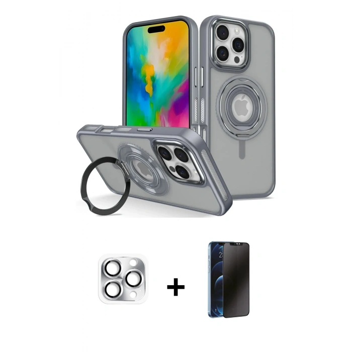 MARSİLYAN™- iPhone 16 Pro Max Kılıf Nova Minimal Serisi - Siyah 3D Antistatik Hayalet Cam Ekran Koruyucu + Pers Alüminyum Kamera Lens - GS