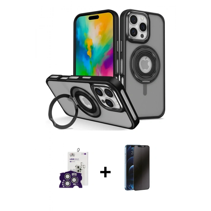 MARSİLYAN™- iPhone 16 Pro Max Kılıf Nova Minimal Serisi - Siyah 3D Antistatik Hayalet Cam Ekran Koruyucu + Bilvis Titan Kamera Lens - GS