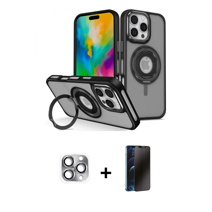 MARSİLYAN™- iPhone 16 Pro Max Kılıf Nova Minimal Serisi - Siyah 3D Antistatik Hayalet Cam Ekran Koruyucu + Pers Alüminyum Kamera Lens - GI