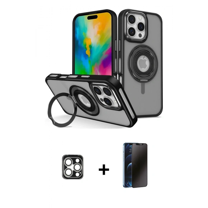 MARSİLYAN™- iPhone 16 Pro Max Kılıf Nova Minimal Serisi - Siyah 3D Antistatik Hayalet Cam Ekran Koruyucu + PVD Metal Kamera Lens - GS