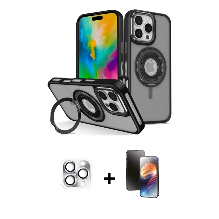 MARSİLYAN™- iPhone 16 Pro Max Kılıf Nova Minimal Serisi - Siyah 3D Antistatik Mat Seramik Nano Ekran Koruyucu + Pers Alüminyum Kamera Lens - GS