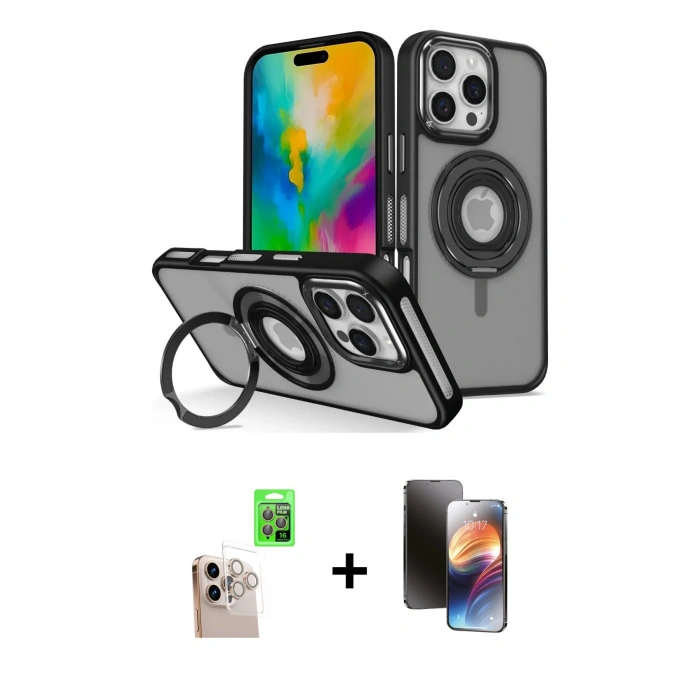 MARSİLYAN™- iPhone 16 Pro Max Kılıf Nova Minimal Serisi - Siyah 3D Antistatik Mat Seramik Nano Ekran Koruyucu + Raze Metal Kamera Lens - NLGY