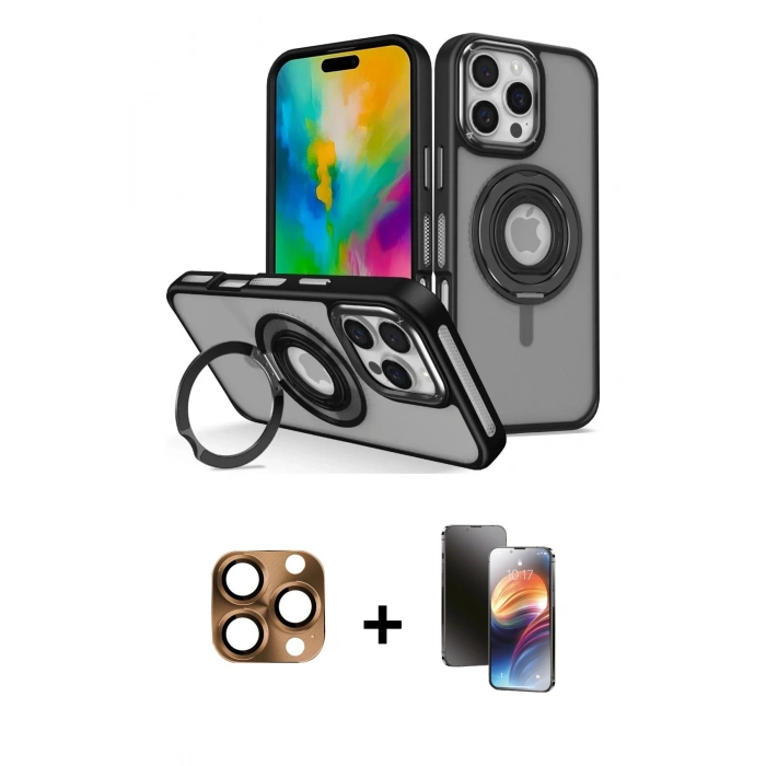 MARSİLYAN™- iPhone 16 Pro Max Kılıf Nova Minimal Serisi - Siyah 3D Antistatik Mat Seramik Nano Ekran Koruyucu + Pers Alüminyum Kamera Lens - CLTM