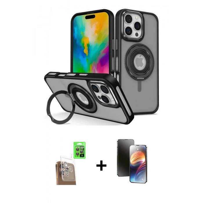 MARSİLYAN™- iPhone 16 Pro Max Kılıf Nova Minimal Serisi - Siyah 3D Antistatik Mat Seramik Nano Ekran Koruyucu + Raze Metal Kamera Lens - CLTM