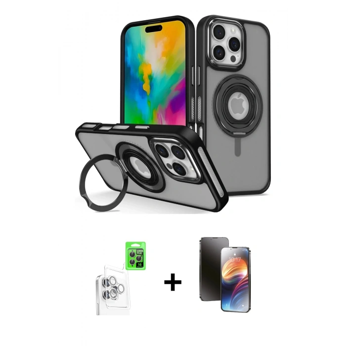 MARSİLYAN™- iPhone 16 Pro Max Kılıf Nova Minimal Serisi - Siyah 3D Antistatik Mat Seramik Nano Ekran Koruyucu + Raze Metal Kamera Lens - BZ