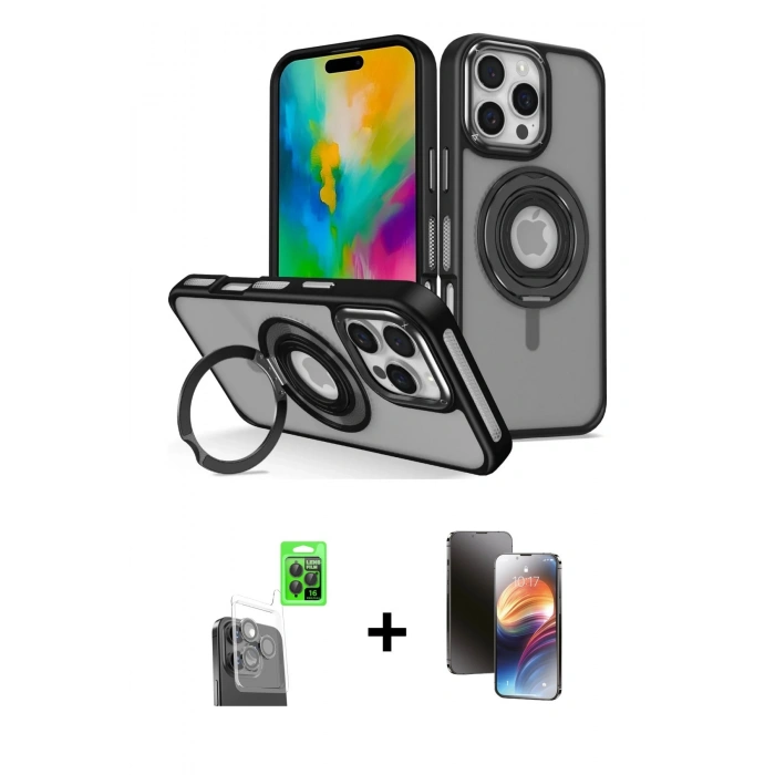 MARSİLYAN™- iPhone 16 Pro Max Kılıf Nova Minimal Serisi - Siyah 3D Antistatik Mat Seramik Nano Ekran Koruyucu + Raze Metal Kamera Lens - SH