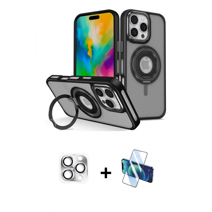 MARSİLYAN™- iPhone 16 Pro Max Kılıf Nova Minimal Serisi - Siyah 3D Antistatik Seramik Nano Ekran Koruyucu + Gümüş Pers Alüminyum Kamera Lens
