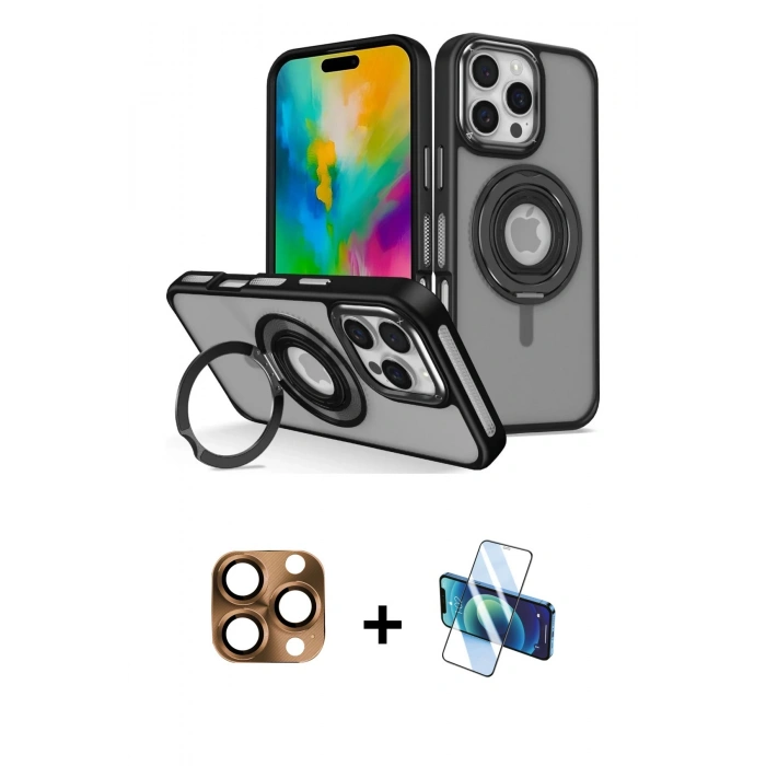 MARSİLYAN™- iPhone 16 Pro Max Kılıf Nova Minimal Serisi - Siyah 3D Antistatik Seramik Nano Ekran Koruyucu + Pers Alüminyum Kamera Lens - CLTM