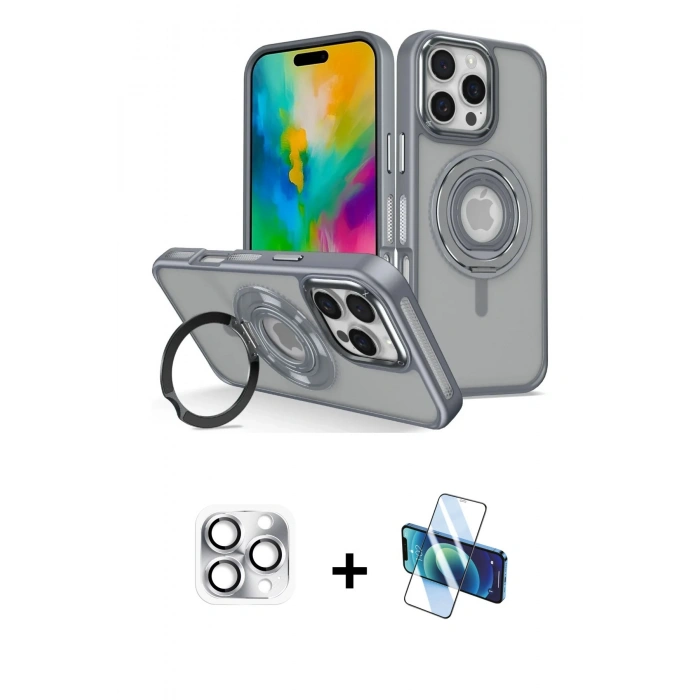 MARSİLYAN™- iPhone 16 Pro Max Kılıf Nova Minimal Serisi - Siyah 3D Antistatik Seramik Nano Ekran Koruyucu + Gümüş Pers Alüminyum Kamera Lens