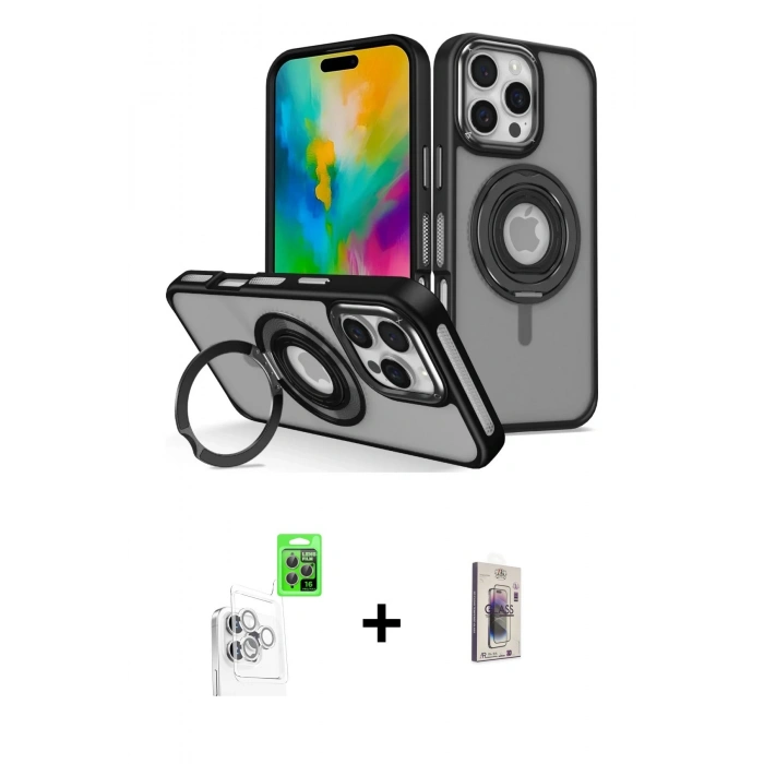 MARSİLYAN™- iPhone 16 Pro Max Kılıf Nova Minimal Serisi - Siyah Bilvis 3D Cam Ekran Koruyucu + Raze Metal Kamera Lens - BZ