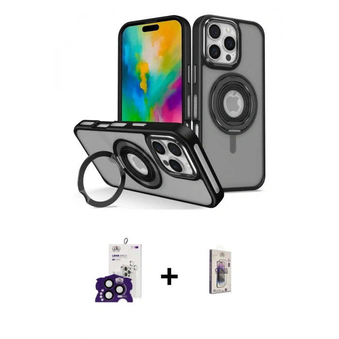 MARSİLYAN™- iPhone 16 Pro Max Kılıf Nova Minimal Serisi - Siyah Bilvis 3D Cam Ekran Koruyucu + Bilvis Titan Kamera Lens - SH