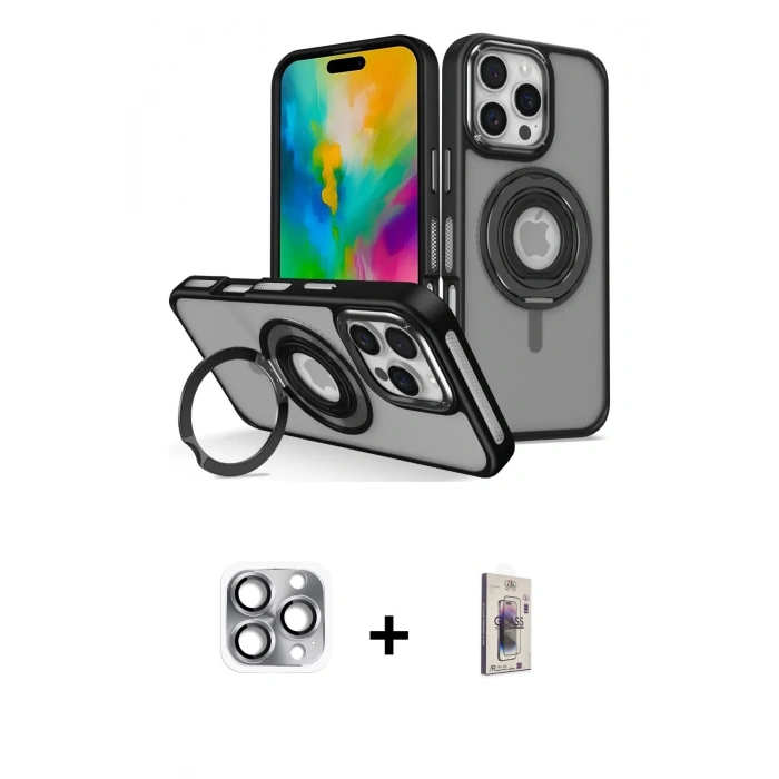 MARSİLYAN™- iPhone 16 Pro Max Kılıf Nova Minimal Serisi - Siyah Bilvis 3D Cam Ekran Koruyucu + Pers Alüminyum Kamera Lens - GI