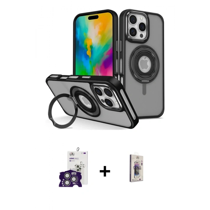MARSİLYAN™- iPhone 16 Pro Max Kılıf Nova Minimal Serisi - Siyah Bilvis 3D Cam Ekran Koruyucu + Bilvis Titan Kamera Lens - GS