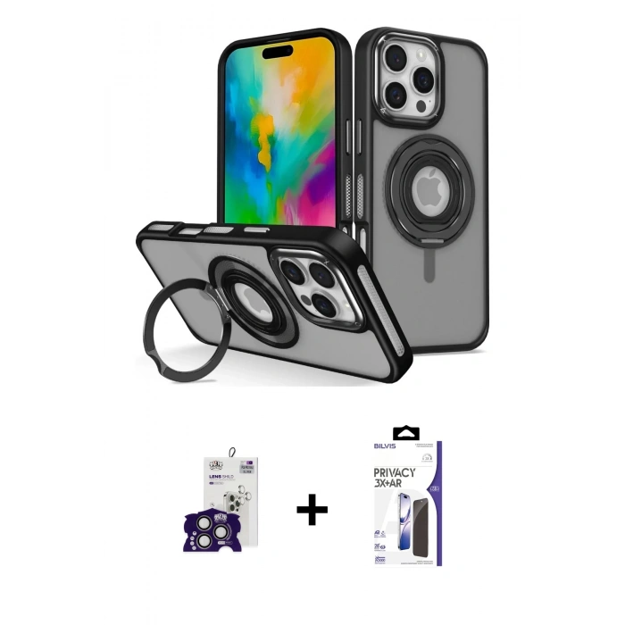 MARSİLYAN™- iPhone 16 Pro Max Kılıf Nova Minimal Serisi - Siyah Bilvis 3X AR Hayalet Cam Ekran Koruyucu + Bilvis Titan Kamera Lens - TMGI