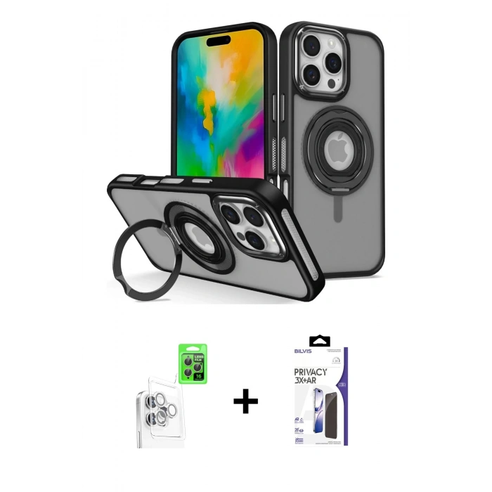 MARSİLYAN™- iPhone 16 Pro Max Kılıf Nova Minimal Serisi - Siyah Bilvis 3X AR Hayalet Cam Ekran Koruyucu + Raze Metal Kamera Lens - BZ