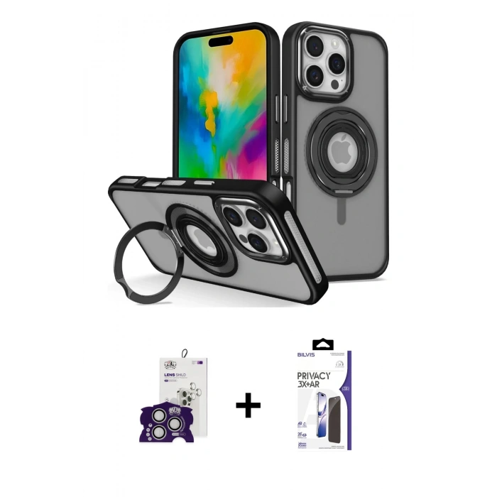 MARSİLYAN™- iPhone 16 Pro Max Kılıf Nova Minimal Serisi - Siyah Bilvis 3X AR Hayalet Cam Ekran Koruyucu + Bilvis Titan Kamera Lens - GS