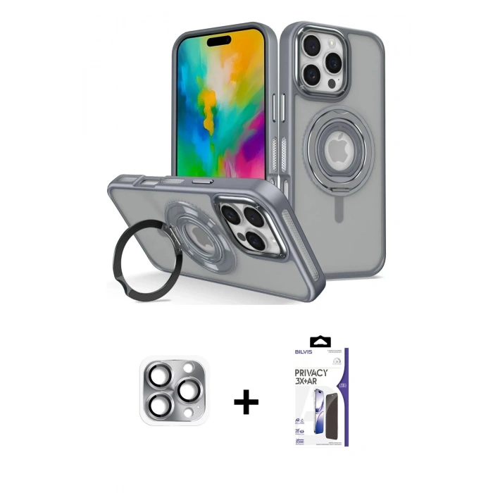 MARSİLYAN™- iPhone 16 Pro Max Kılıf Nova Minimal Serisi - Siyah Bilvis 3X AR Hayalet Cam Ekran Koruyucu + Pers Alüminyum Kamera Lens - GI