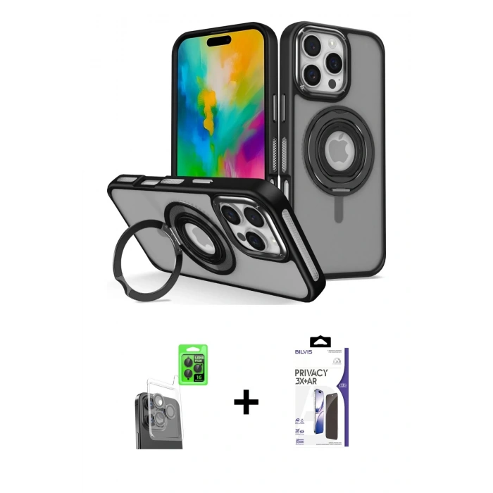 MARSİLYAN™- iPhone 16 Pro Max Kılıf Nova Minimal Serisi - Siyah Bilvis 3X AR Hayalet Cam Ekran Koruyucu + Raze Metal Kamera Lens - SH