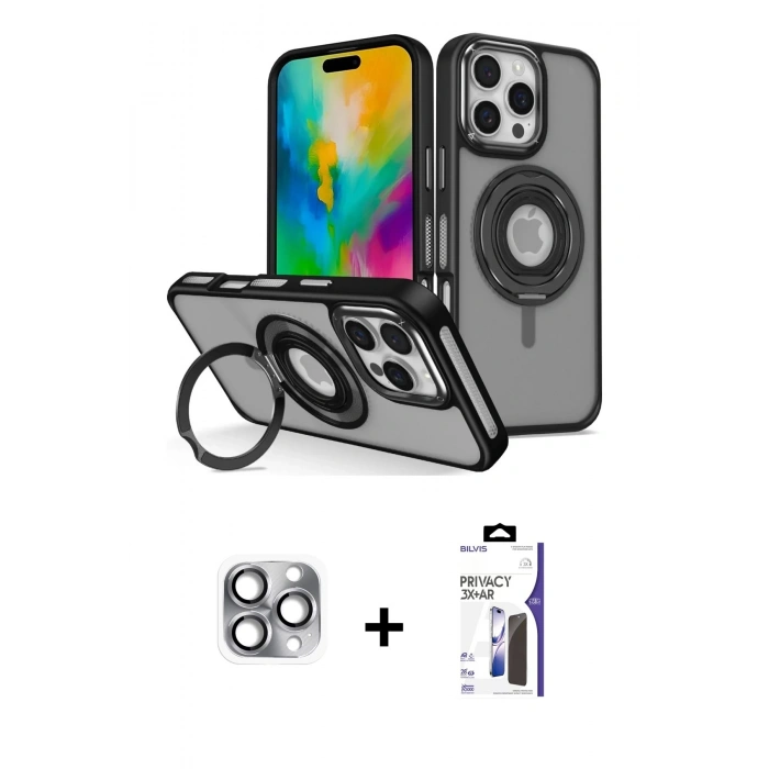 MARSİLYAN™- iPhone 16 Pro Max Kılıf Nova Minimal Serisi - Siyah Bilvis 3X AR Hayalet Cam Ekran Koruyucu + Pers Alüminyum Kamera Lens - GI