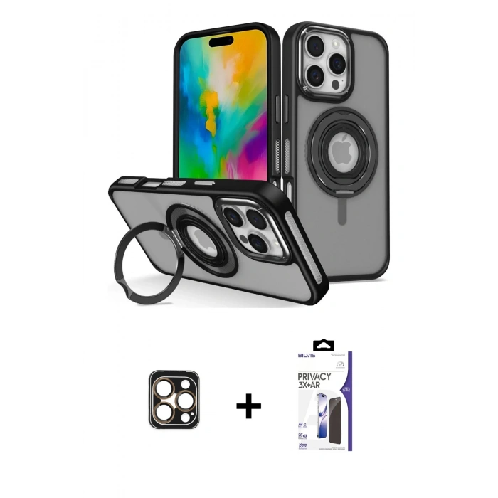 MARSİLYAN™- iPhone 16 Pro Max Kılıf Nova Minimal Serisi - Siyah Bilvis 3X AR Hayalet Cam Ekran Koruyucu + PVD Metal Kamera Lens - GD