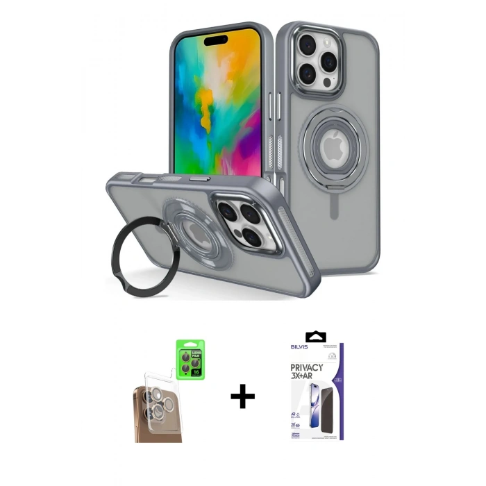 MARSİLYAN™- iPhone 16 Pro Max Kılıf Nova Minimal Serisi - Siyah Bilvis 3X AR Hayalet Cam Ekran Koruyucu + Raze Metal Kamera Lens - CLTM