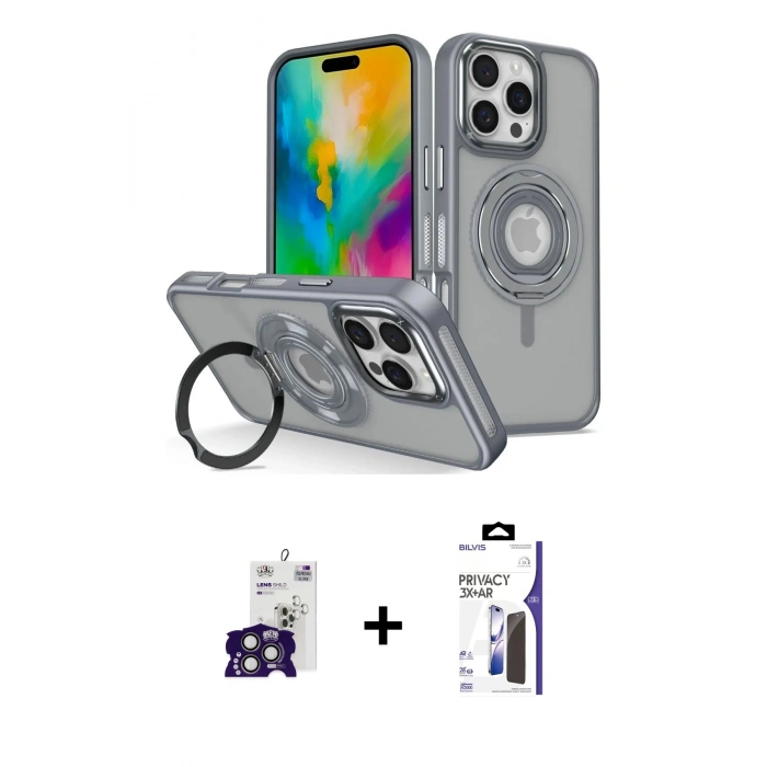 MARSİLYAN™- iPhone 16 Pro Max Kılıf Nova Minimal Serisi - Siyah Bilvis 3X AR Hayalet Cam Ekran Koruyucu + Bilvis Titan Kamera Lens - TMGI