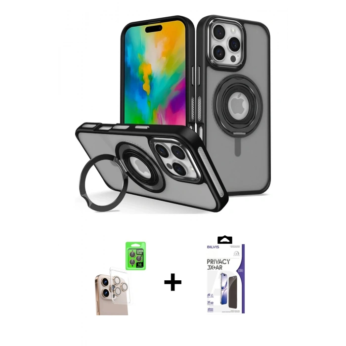 MARSİLYAN™- iPhone 16 Pro Max Kılıf Nova Minimal Serisi - Siyah Bilvis 3X AR Hayalet Cam Ekran Koruyucu + Raze Metal Kamera Lens - NLGY