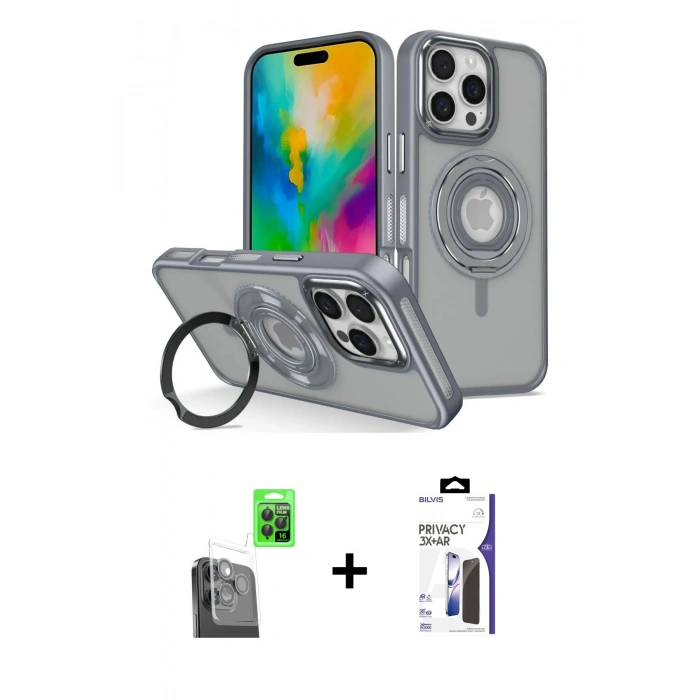 MARSİLYAN™- iPhone 16 Pro Max Kılıf Nova Minimal Serisi - Siyah Bilvis 3X AR Hayalet Cam Ekran Koruyucu + Raze Metal Kamera Lens - SH