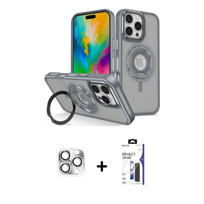 MARSİLYAN™- iPhone 16 Pro Max Kılıf Nova Minimal Serisi - Siyah Bilvis 3X AR Hayalet Cam Ekran Koruyucu + Pers Alüminyum Kamera Lens - GS