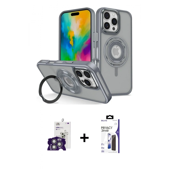 MARSİLYAN™- iPhone 16 Pro Max Kılıf Nova Minimal Serisi - Siyah Bilvis 3X AR Hayalet Cam Ekran Koruyucu + Bilvis Titan Kamera Lens - GS