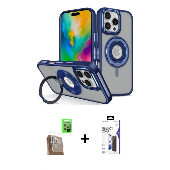 MARSİLYAN™- iPhone 16 Pro Max Kılıf Nova Minimal Serisi - Siyah Bilvis 3X AR Hayalet Cam Ekran Koruyucu + Raze Metal Kamera Lens - CLTM